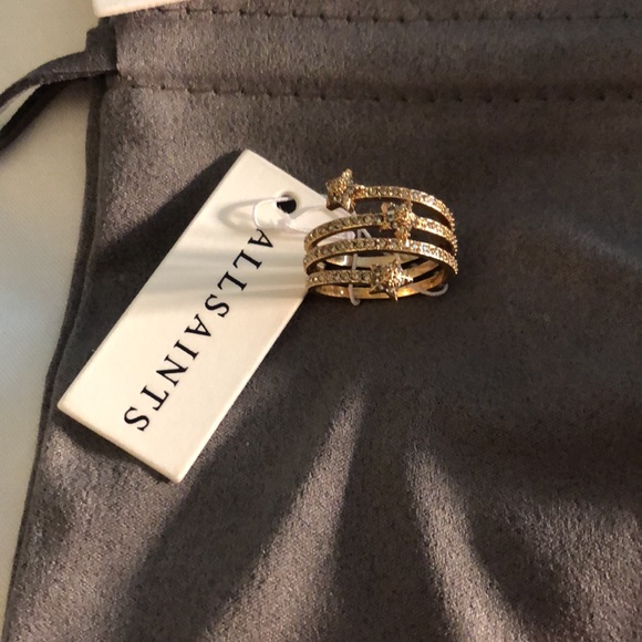 ALLSAINTS Gold Tone Star Coil Ring Crystal Accents Size 7 NWT & Dust Bag - Picture 6 of 12